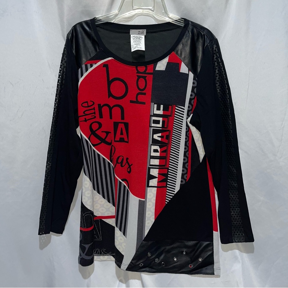 Zoe by Michael Phillips Mixed Media Top Size Large Black and Red Long Sleeve